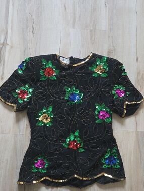 Stenay Black Sequin Floral Embellished Short Sleeve Top